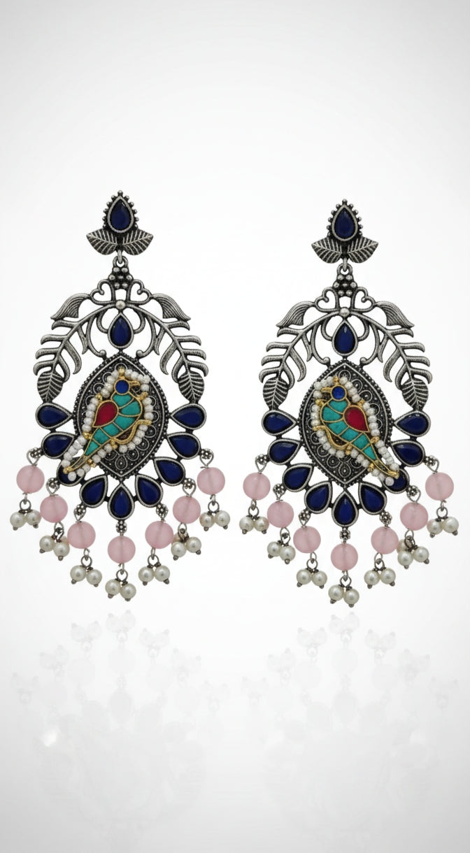 Bird Statement Earrings with Navy Enamel & Pink Beads