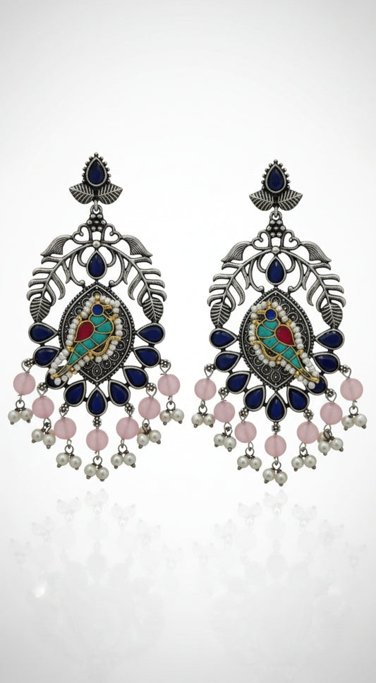 Bird Statement Earrings with Navy Enamel & Pink Beads