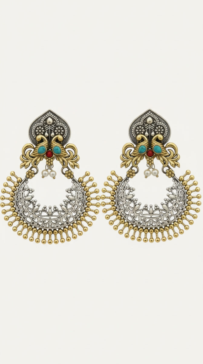 Dual-Tone Peacock Chandbali Earrings with Pearl Drops