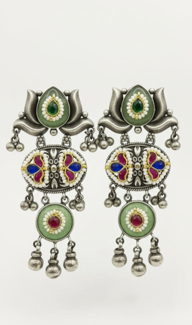 Lotus Jhoomar Earrings with Enamel and Stone Work