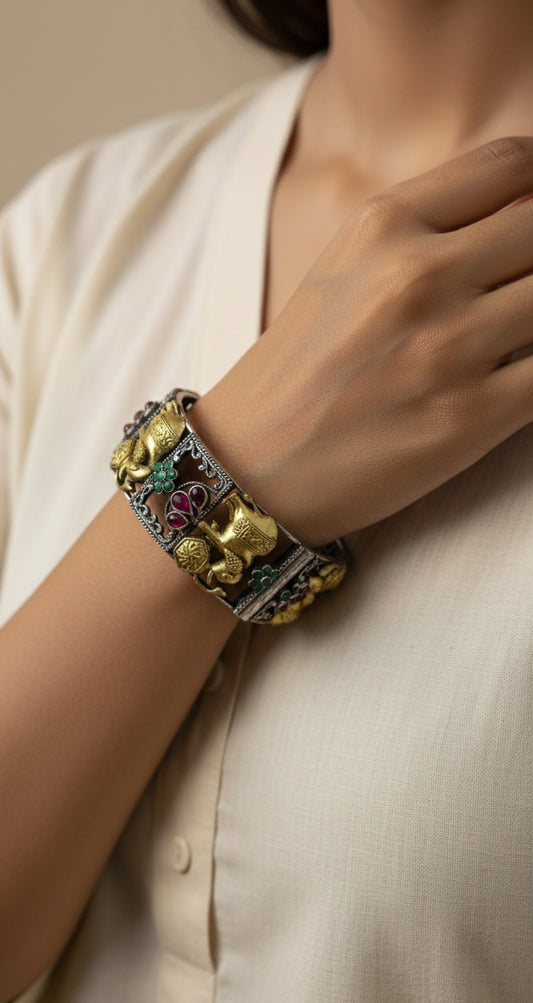 Dual-Tone Temple Elephant Cuff Bracelet with Stones