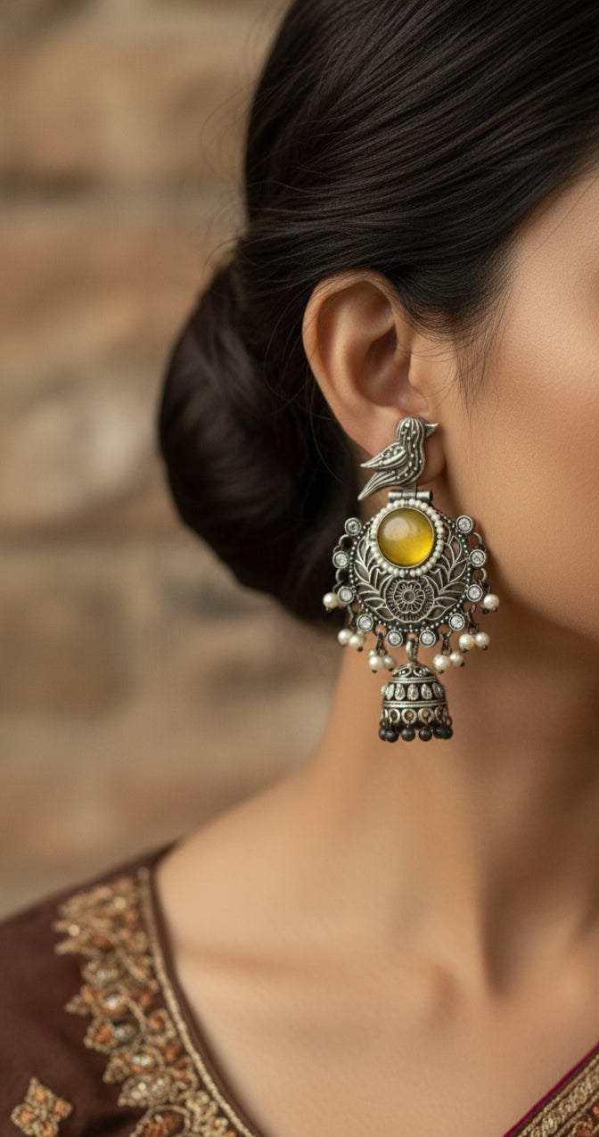Bird Jhumka Earrings with Amber Yellow Stone