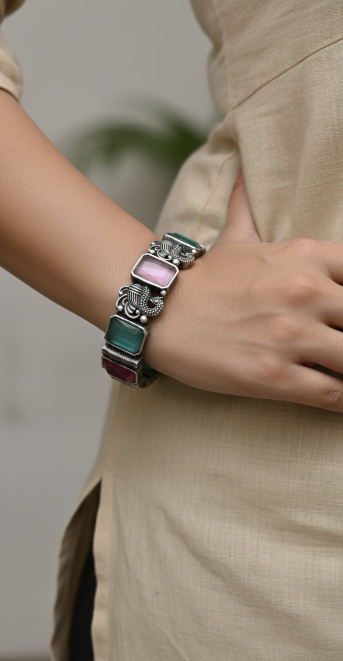 Link Bracelet with Pastel Multi-Color Stones