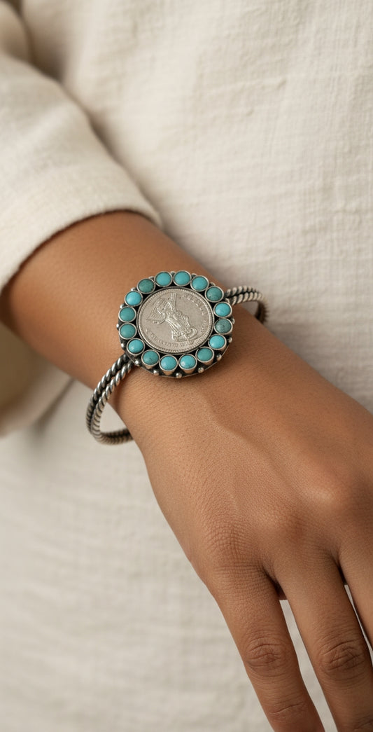 Coin & Turquoise Stone Cuff Bracelet
