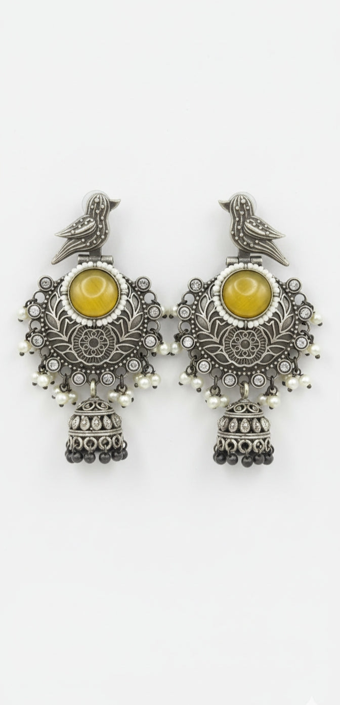 Bird Jhumka Earrings with Amber Yellow Stone