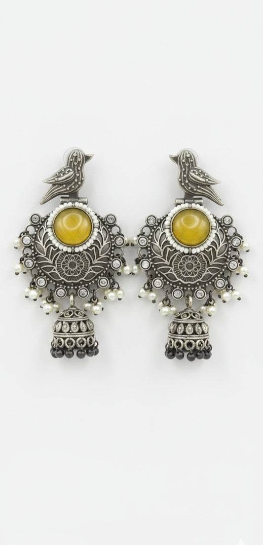 Bird Jhumka Earrings with Amber Yellow Stone