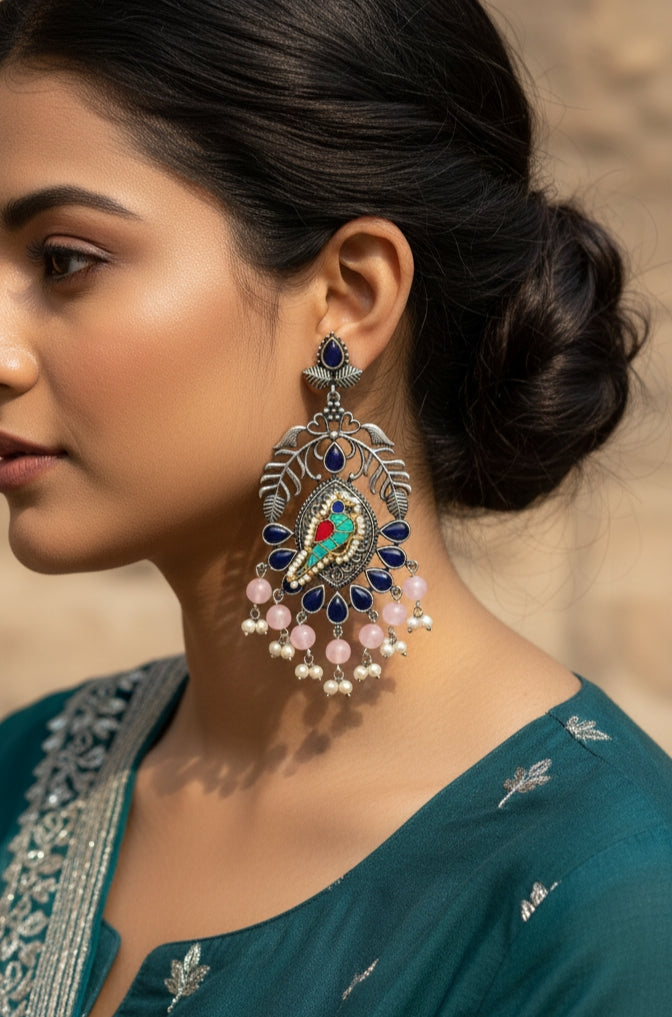 Bird Statement Earrings with Navy Enamel & Pink Beads