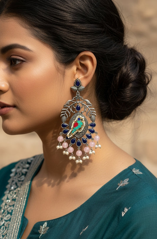 Bird Statement Earrings with Navy Enamel & Pink Beads