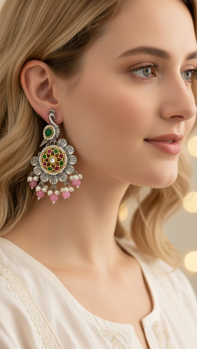 Peacock Earrings with Pink Beads & Multi-Color Enamel
