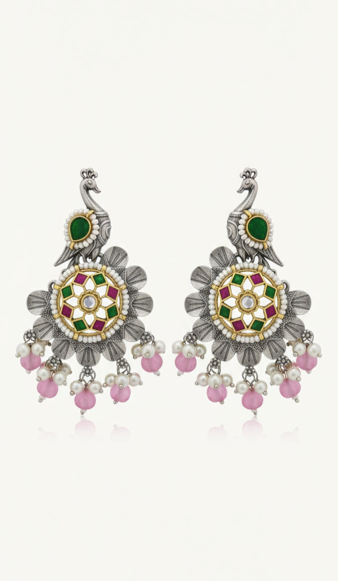 Peacock Earrings with Pink Beads & Multi-Color Enamel