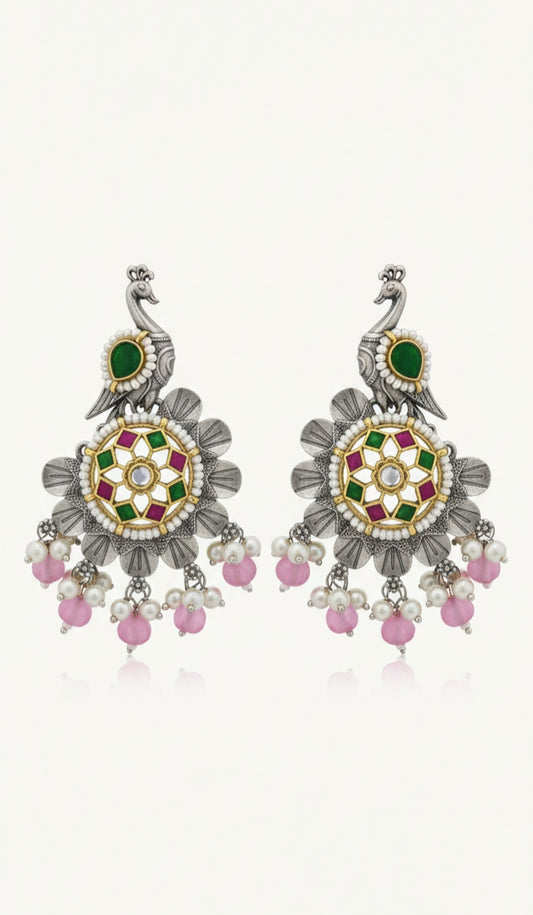 Peacock Earrings with Pink Beads & Multi-Color Enamel