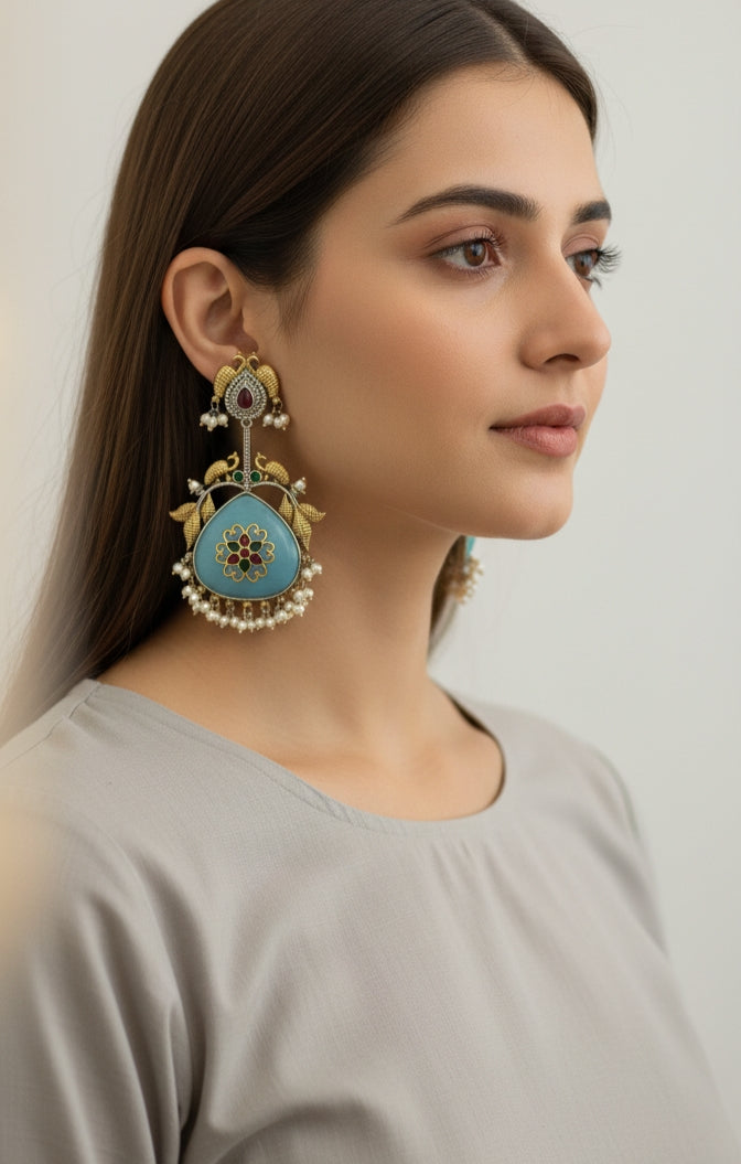 Dual-Tone Peacock & Sky Blue Enamel Statement Earrings