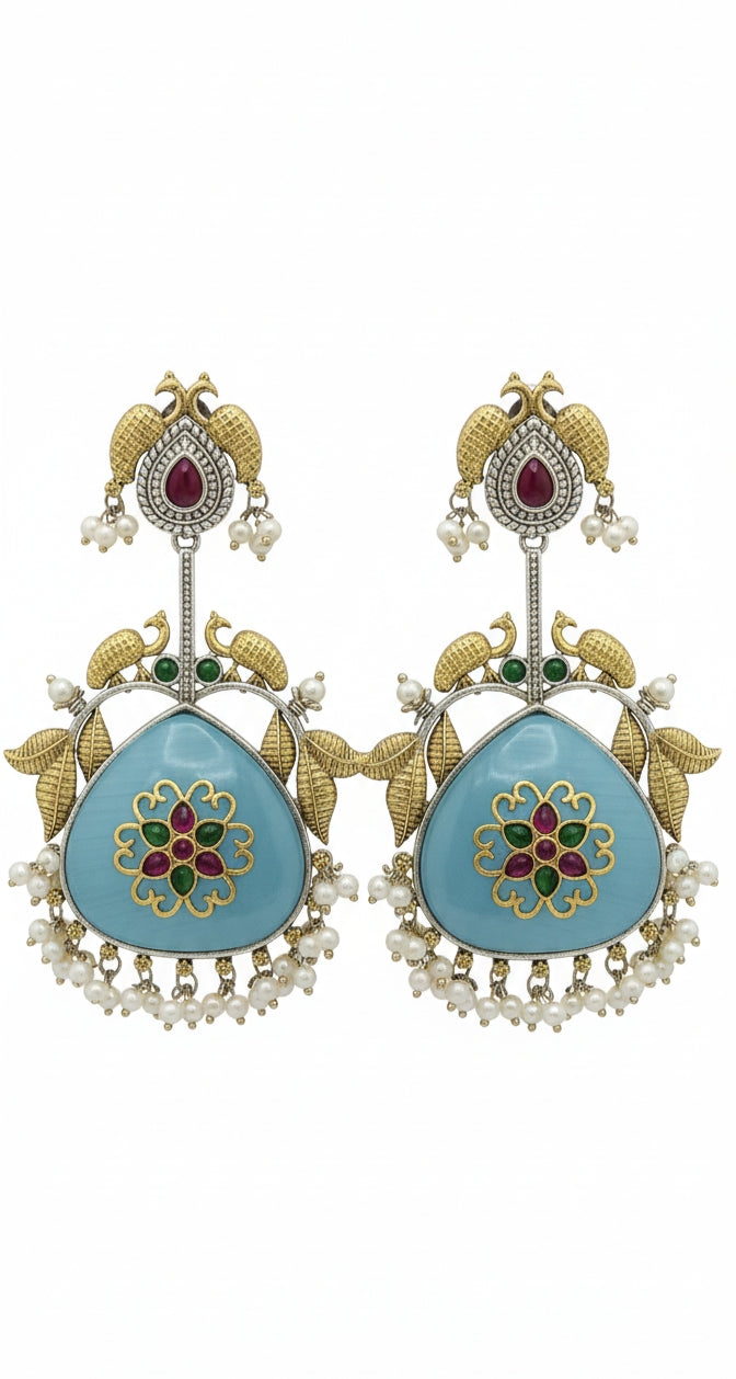 Dual-Tone Peacock & Sky Blue Enamel Statement Earrings