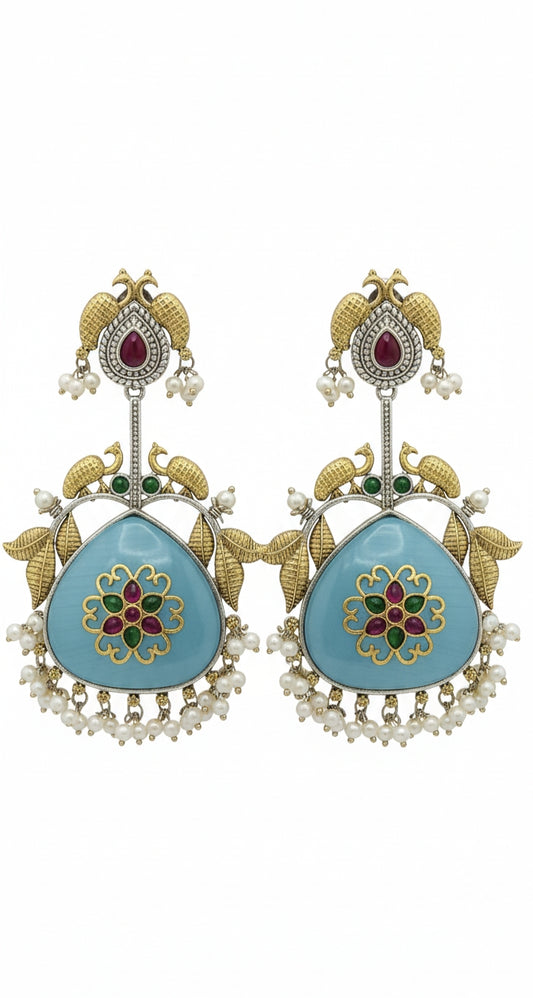 Dual-Tone Peacock & Sky Blue Enamel Statement Earrings
