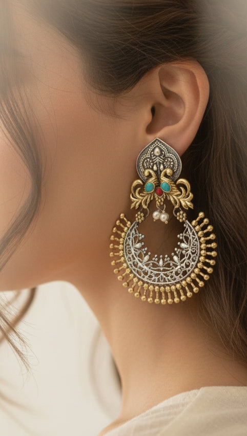Dual-Tone Peacock Chandbali Earrings with Pearl Drops