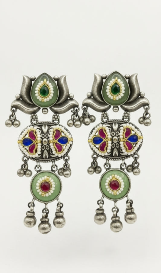 Lotus Jhoomar Earrings with Enamel and Stone Work