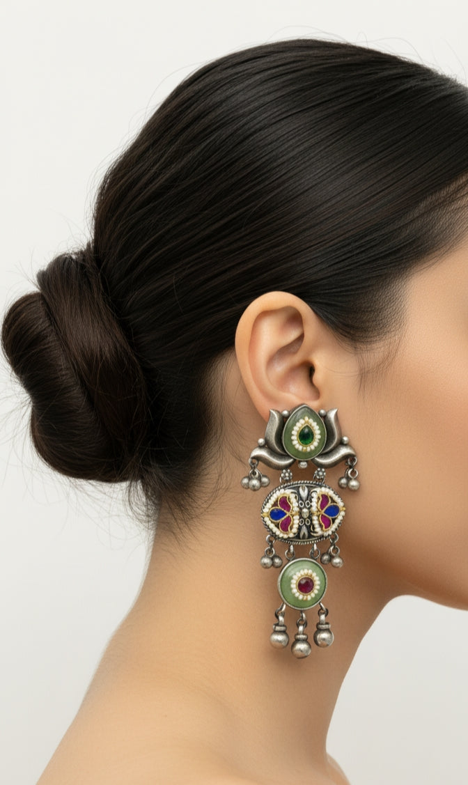 Lotus Jhoomar Earrings with Enamel and Stone Work
