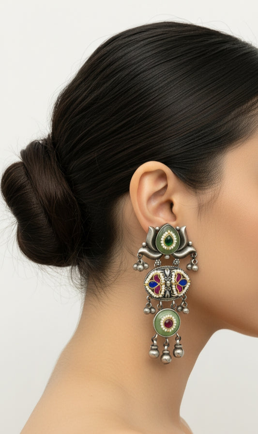 Lotus Jhoomar Earrings with Enamel and Stone Work