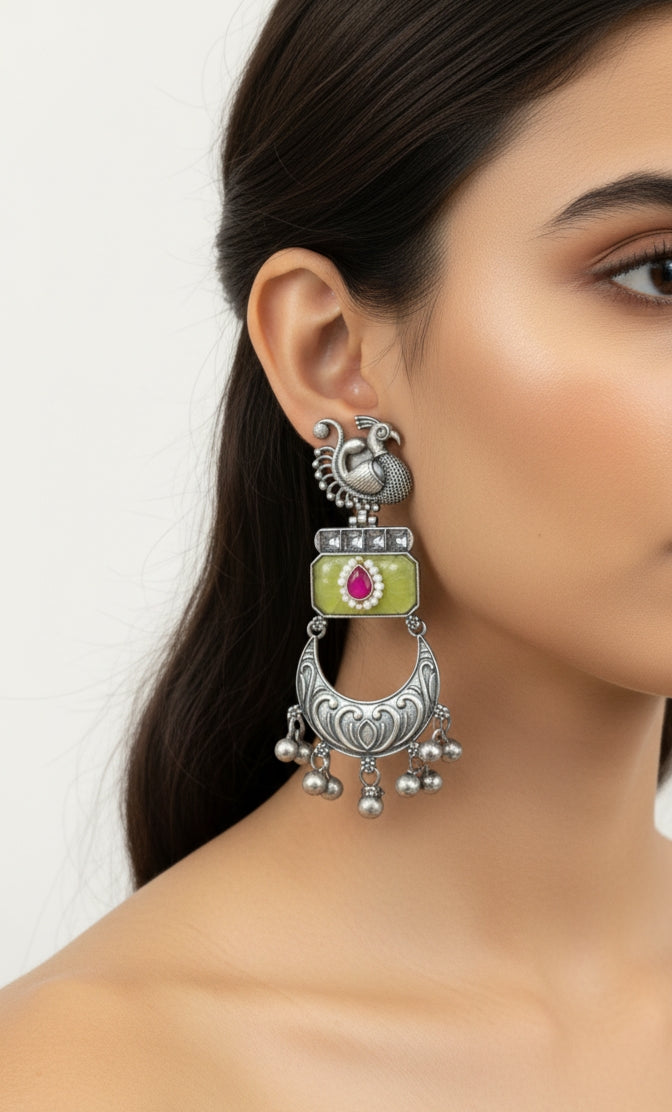 Peacock & Jhumka Drop Earrings with Green Stone