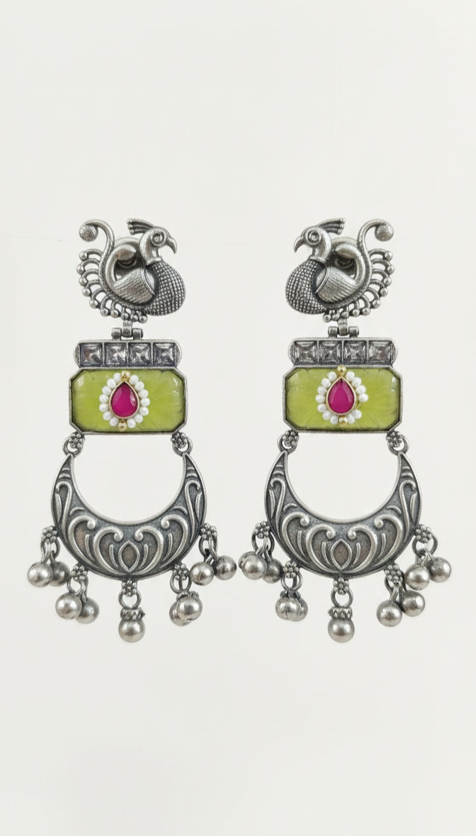 Peacock & Jhumka Drop Earrings with Green Stone