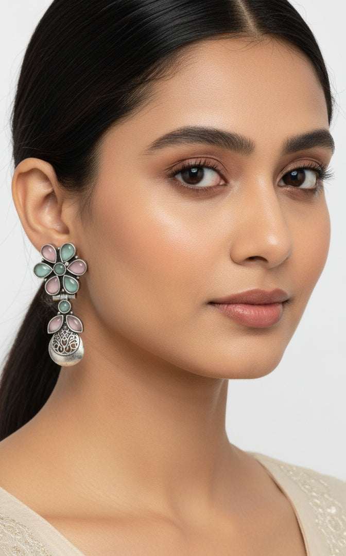 Flower Drop Earrings with Pastel Stones